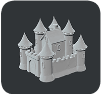 V1.0 AI 3D model of a stone castle with four round towers and cone roofs, created from a text prompt on Create3D.io