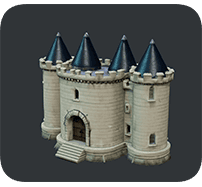 V4.0 AI 3D model of the same stone castle prompt with realistic stone textures and blue cone roofs, created with Create3D.io