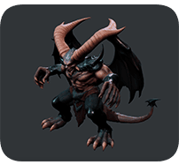 AI-vygenerovaný 3D démonický boss s rohy, křídly, drápy, ocasem a temno-fantasy zbrojí