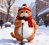 Original input image for the Text3D.ai image to 3D example: a cat in a red hat and scarf singing into a microphone in the snow